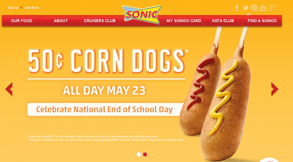 Sonic 50¢ Corn Dogs All Day May 23rd
