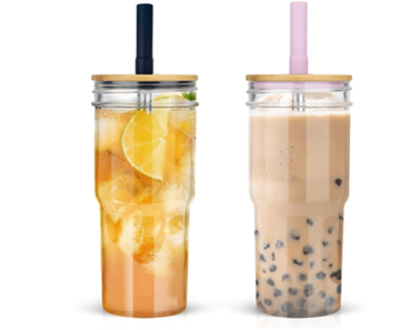 24oz Tumbler Glasses with Handle and Bamboo Lid – 2 Pack – Just $13.99!