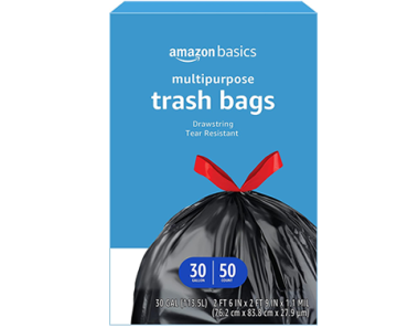 Amazon Basics Flextra Multipurpose Drawstring Trash Bags, 30 Gallon, 50 Count – Just $12.11!