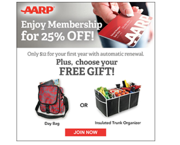 AARP for $12 + Get a Free Insulated Trunk Organizer or Red and Gray Spider Splash Day Bag!