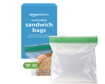 Amazon Basics Reclosable Sandwich Double Zipper Storage Bags, 100 Count – Just $1.75! Prime Day 2024 Deals!