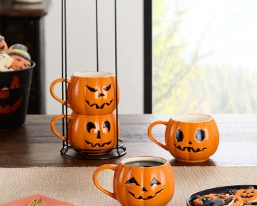 Halloween 13-Ounce Orange Pumpkin Stoneware Stackable Mug Set with Iron Rack – Only $9.96!