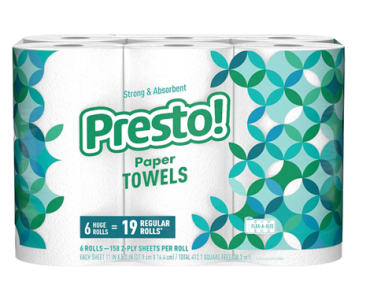 Amazon Brand Presto! Flex-a-Size Paper Towels, Huge Roll, 6 count – Just $16.40 or $40.52 for 3 Packs!