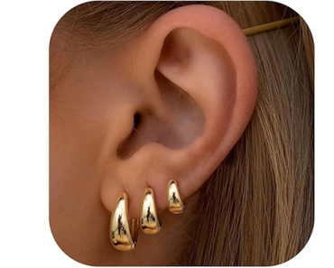 3 Pairs Gold Thick Hoop Earrings, 14k Gold Plated – Just $7.57!