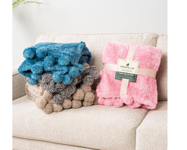 Sherpa Plush Pom Pom Blanket Throw – Just $18.99!