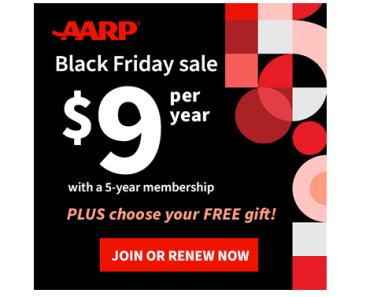 AARP Black Friday Sale – $9 per year with a 5-year membership! Plus get a Free Insulated Trunk Organizer or Red and Gray Spider Splash Day Bag!