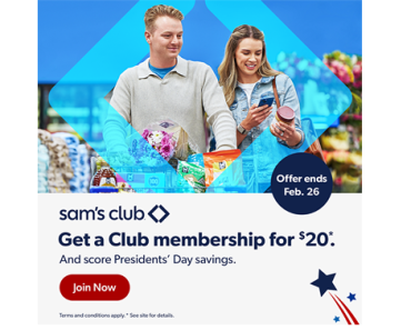 Save 60% on a new Sam’s Club Membership! Get a 1 year membership for just $20!