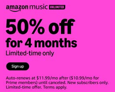 Get Amazon Music 50% off for 4 months! Limited-time only!